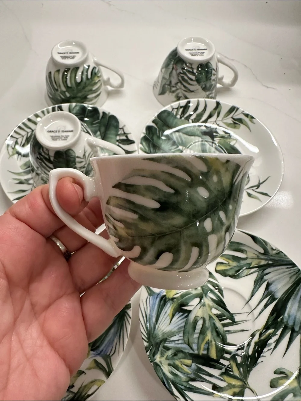Tropical Leaf Porcelain Espresso Cup and Saucer Set of 4- Green